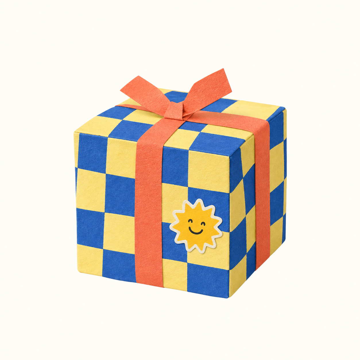 A cheerful blue and yellow checkerboard present with an orange ribbon